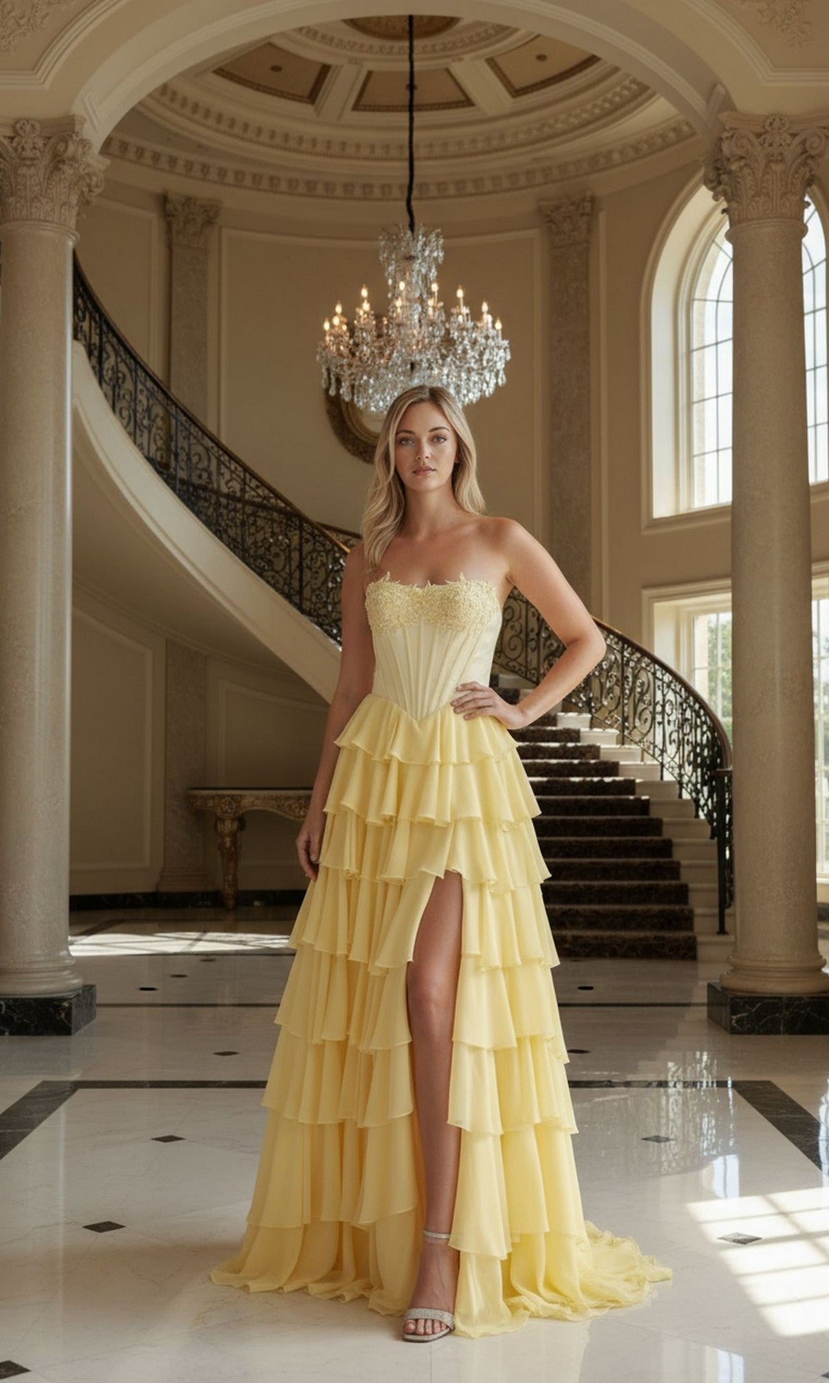 A woman in the Poly USA 25176 long yellow prom dress with a strapless, tiered chiffon design, corset bodice, and high slit stands in an ornate foyer with marble floors, pillars, chandelier, and a curved staircase.